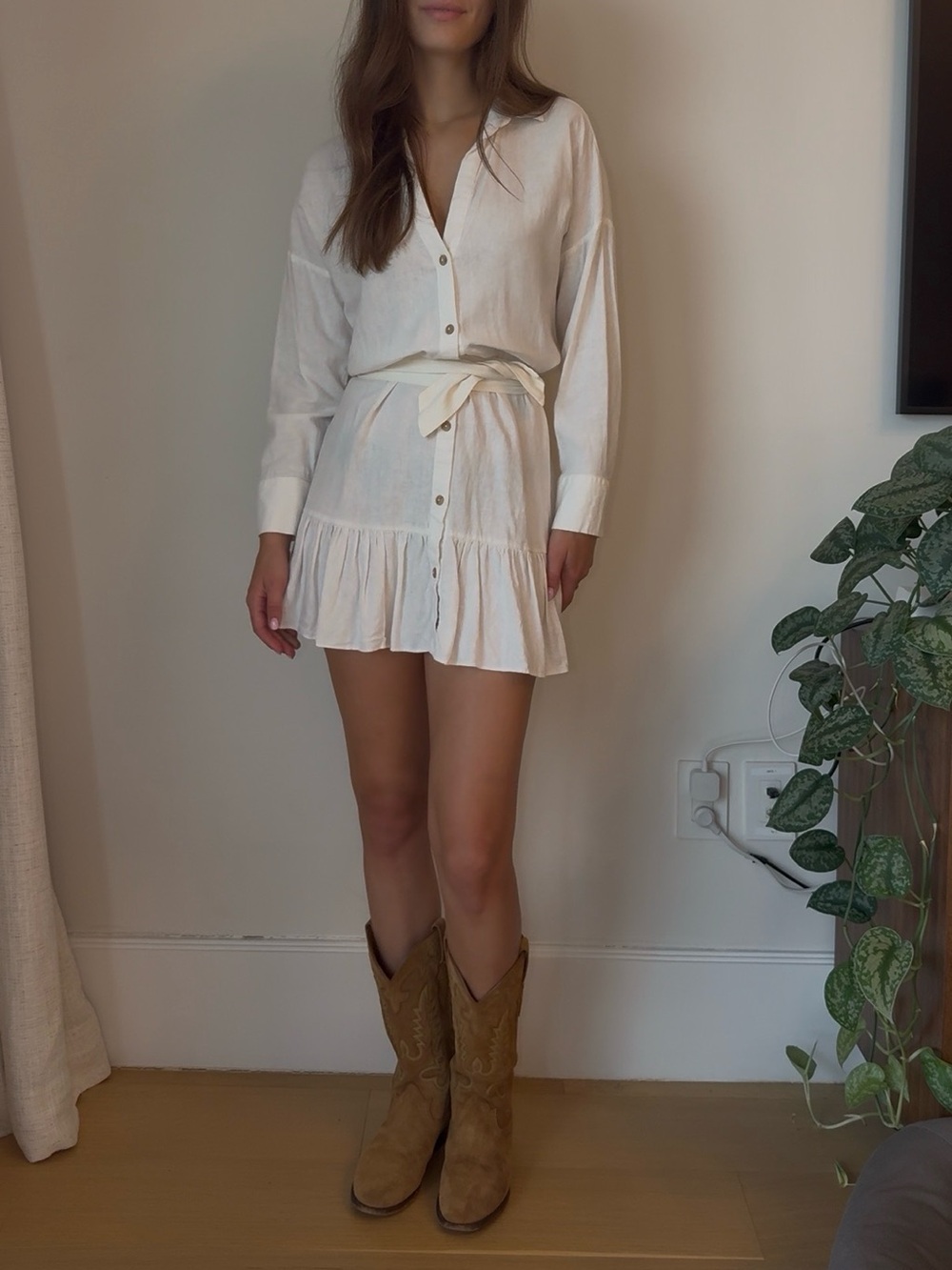 Zara White Button Mini Dress with Tie Waist
